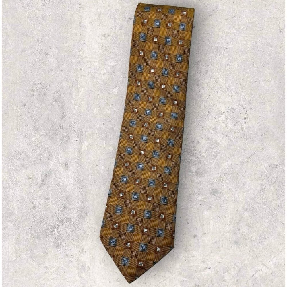 ROBERT TALBOTT Silk Tie USA XL Gold Brown Blue Geometric W:3.6" EUC